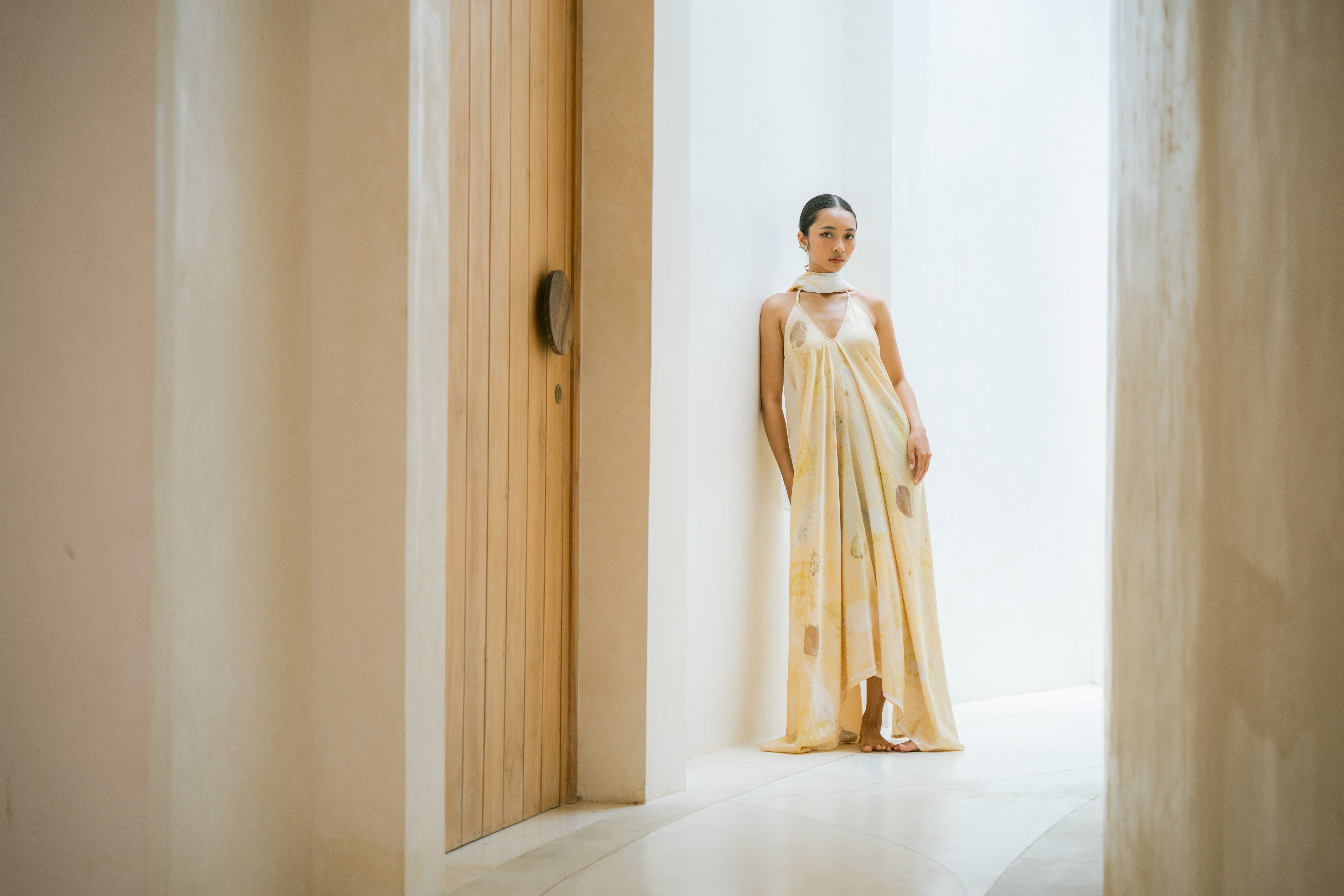 The Goddess – Yellow, White, Brown & Green Leaves Cotton Silk Eco Print Dress